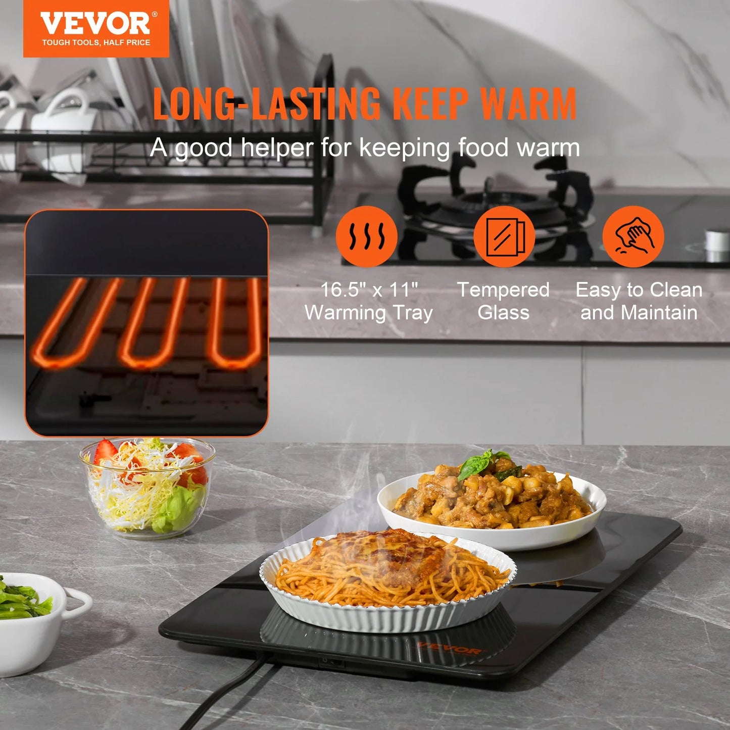 VEVOR Electric Warming Tray, 16.5 X 11 Portable Tempered Glass Heating Tray with Temperature Control (65-90¡Æ), Perfect for Dinner, Catering, House, Parties, Events, Entertaining and Holiday, Black