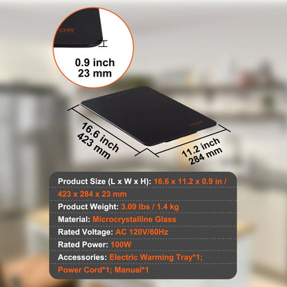 VEVOR Electric Warming Tray, 16.5 X 11 Portable Tempered Glass Heating Tray with Temperature Control (65-90¡Æ), Perfect for Dinner, Catering, House, Parties, Events, Entertaining and Holiday, Black